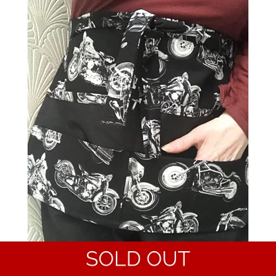 Motorcycle Cotton Fabric Half Apron, Black Handmade Utility Apron with Pockets